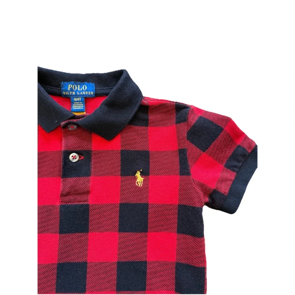 Polo Ralph Lauren Boys Polo Shirt Size 4/4T Black Red Check Short Sleeve BTS